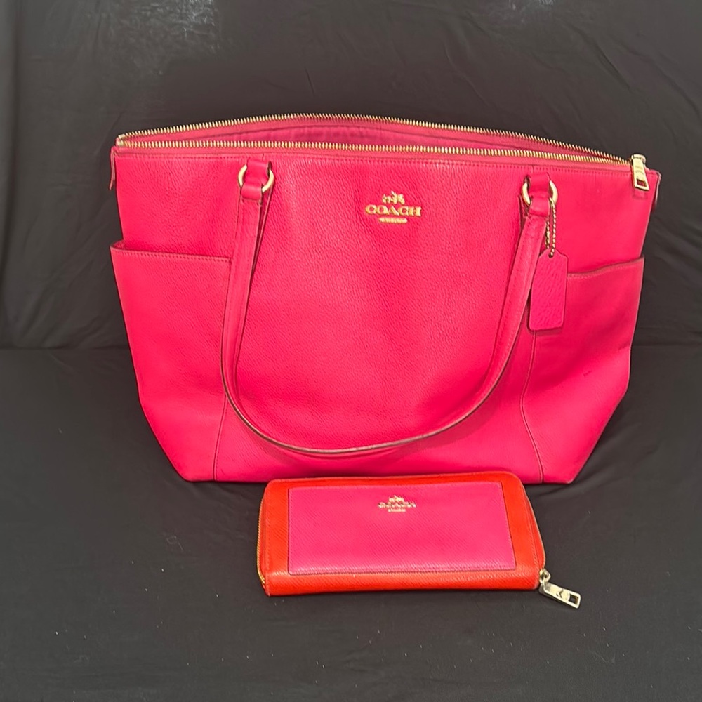 Coach Pink and Red Tote with Gold Accents